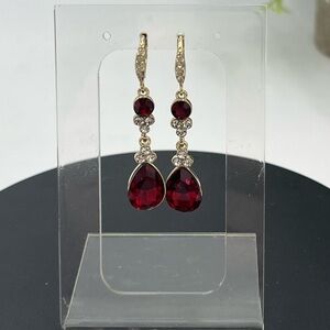 Givenchy Womens Gold Tone Red and Clear Crystal Dangle Drop Earring New